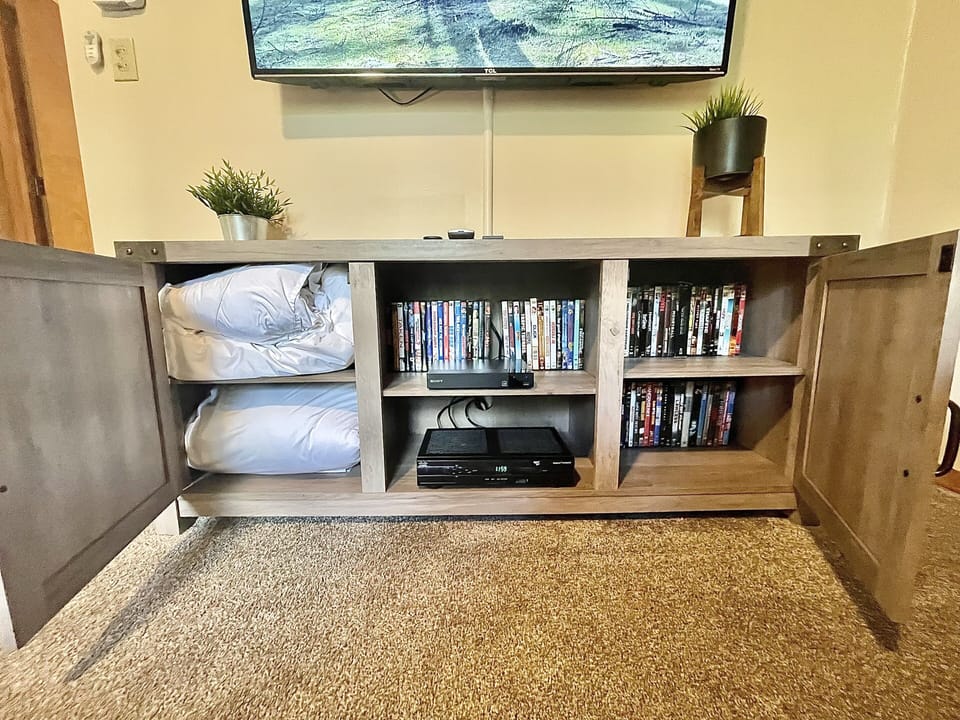 Dvd collection & bedding for the futon located in the loft’s TV console table. 