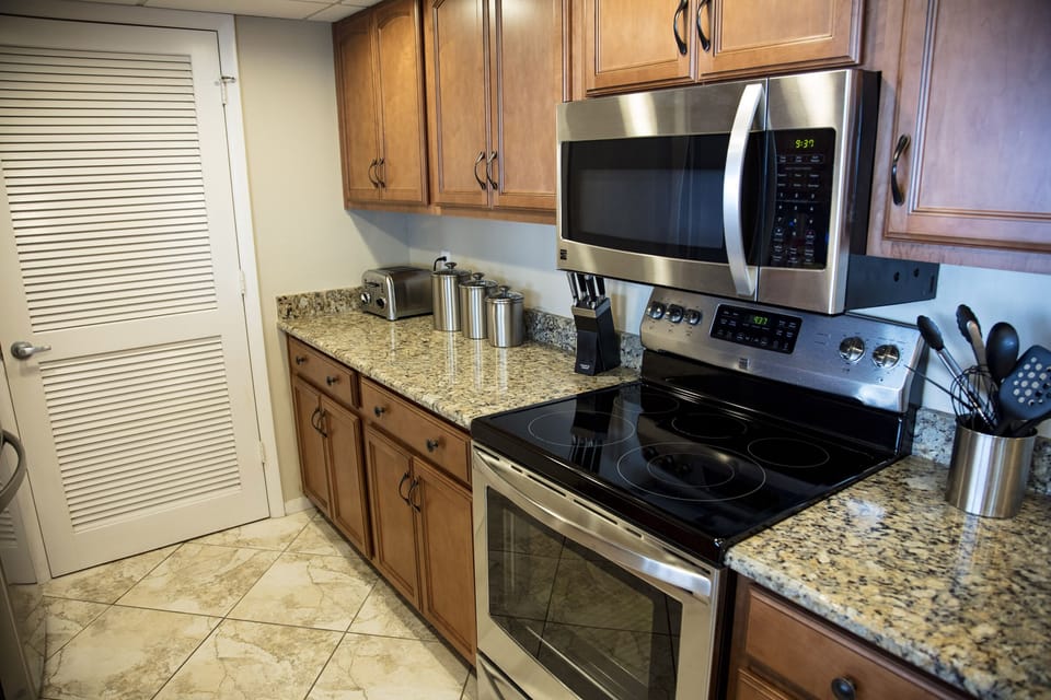 All the amenities of home in this fully stocked kitchen.