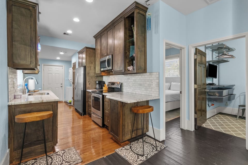 Modern kitchen. Stocked with dishes and cook ware.