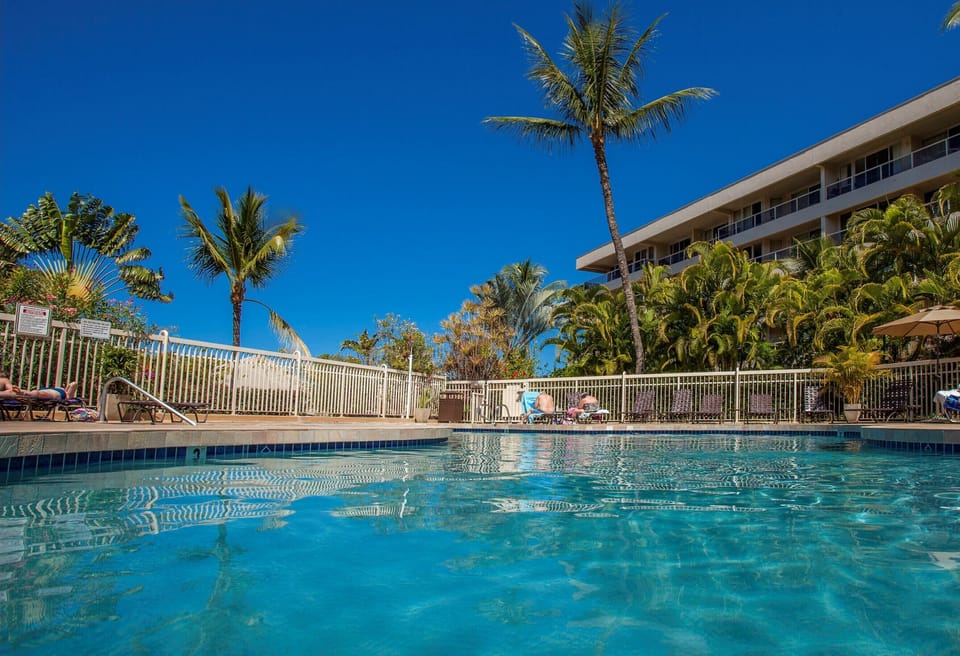 A bright outdoor pool framed by swaying palms and lush greenery, with a modern multi-story building providing a relaxing tropical backdrop for your sunny getaway.
