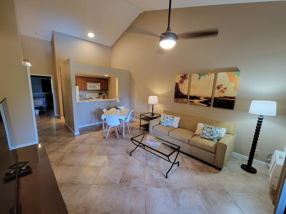 Living room, dining area, kitchen and hall to the bedroom