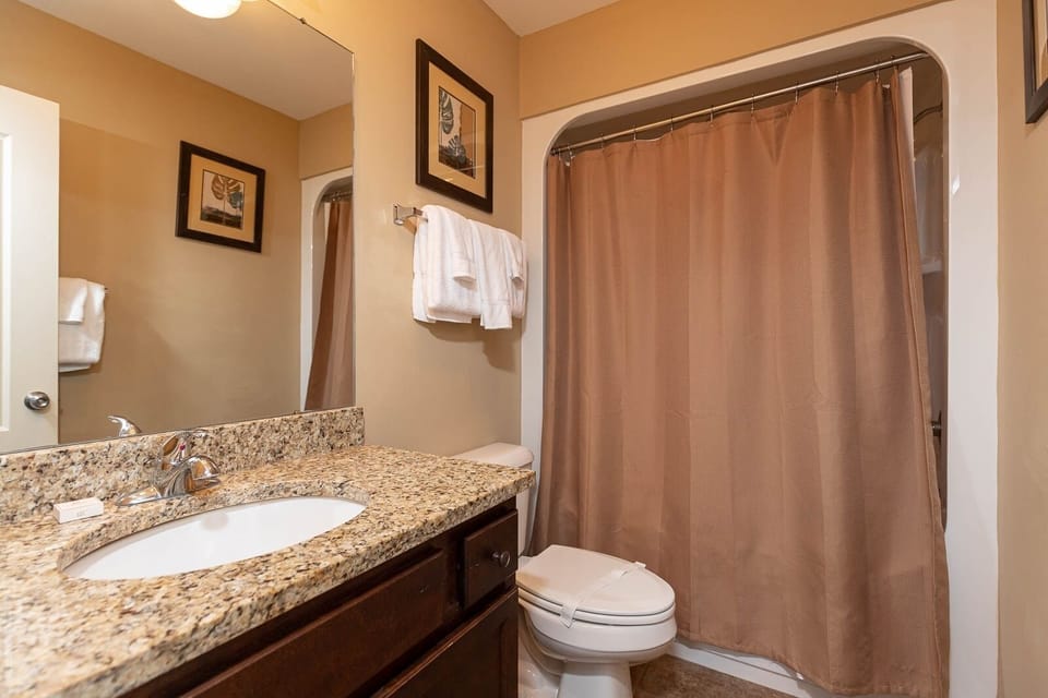 This guest bathroom features a granite countertop, elegant decor, and a soothing shower curtain for a relaxing retreat