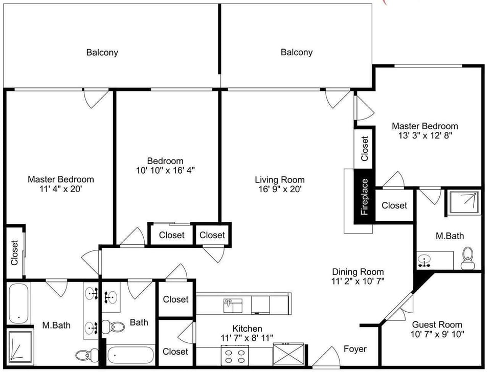 Floor plan showcases the thoughtful layout of your spacious rental, with multiple bedrooms, balconies, and well-appointed living spaces for your stay.