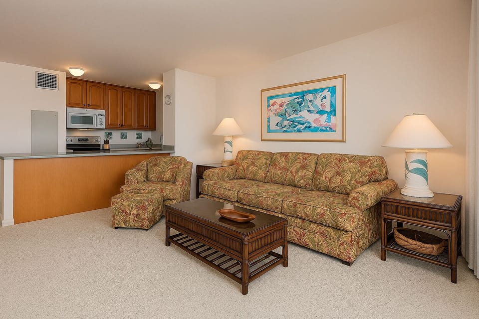 Your open-concept living space blends comfort and convenience with a fully equipped kitchen and cozy seating area—perfect for unwinding after island adventures.