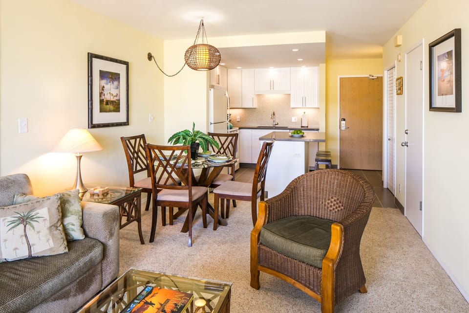 Step into your home away from home, where a sunlit open-concept layout blends living, dining, and kitchen spaces seamlessly. Relax in the comfortable seating, enjoy meals at the dining table, and prepare your favorite dishes in the fully equipped kitchen.