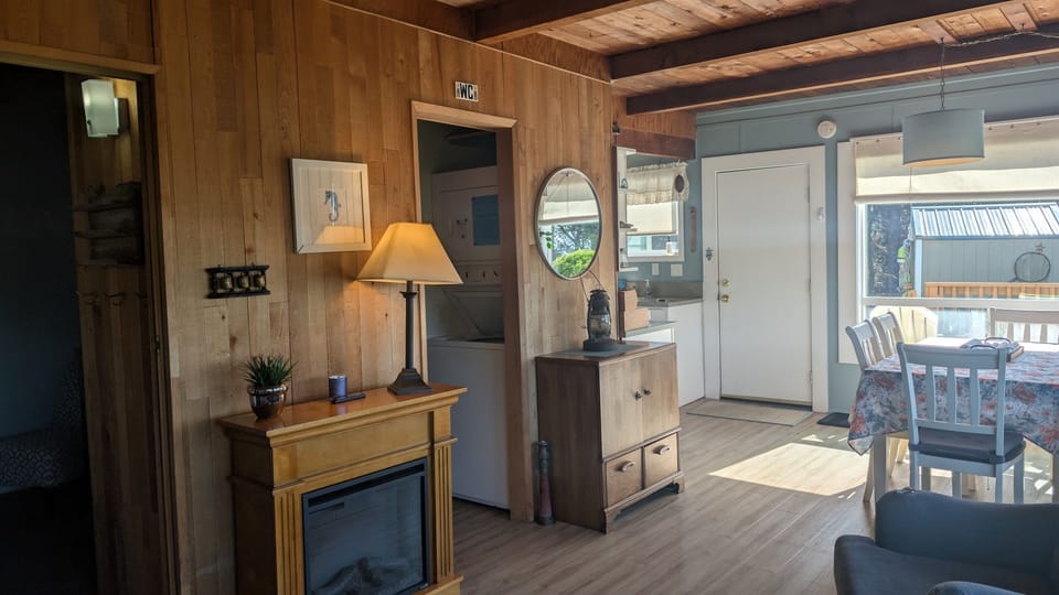 electric fireplace in living - dining area 
