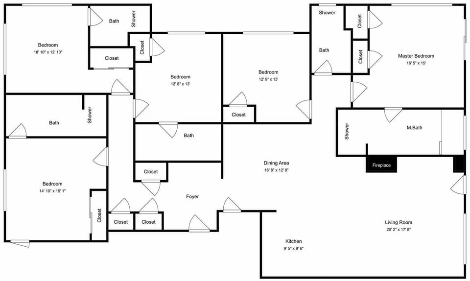 Detailed floor plan showing the layout of this spacious vacation rental with multiple bedrooms and bathrooms.