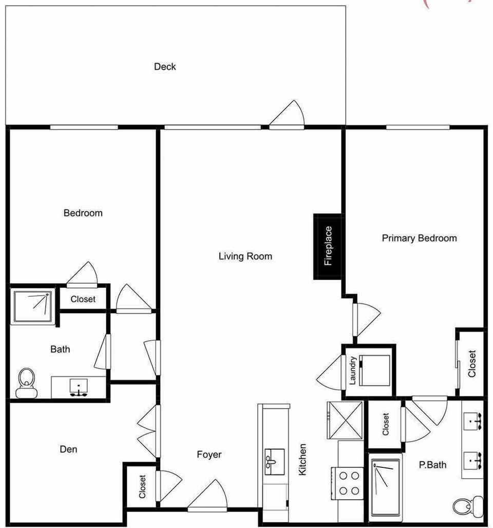 This detailed floor plan shows your spacious vacation rental layout, featuring two bedrooms, two bathrooms, and an open living area with deck access.