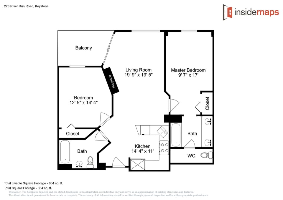 Clear floor plan showing your spacious 2-bedroom layout with master suite, full kitchen, and private balcony access.