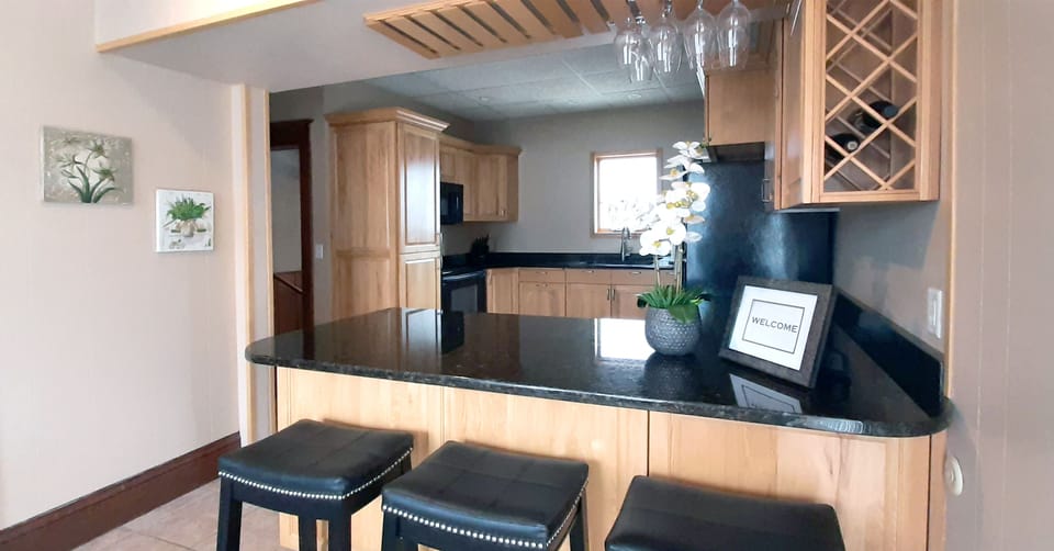 Eat at island in the kitchen.