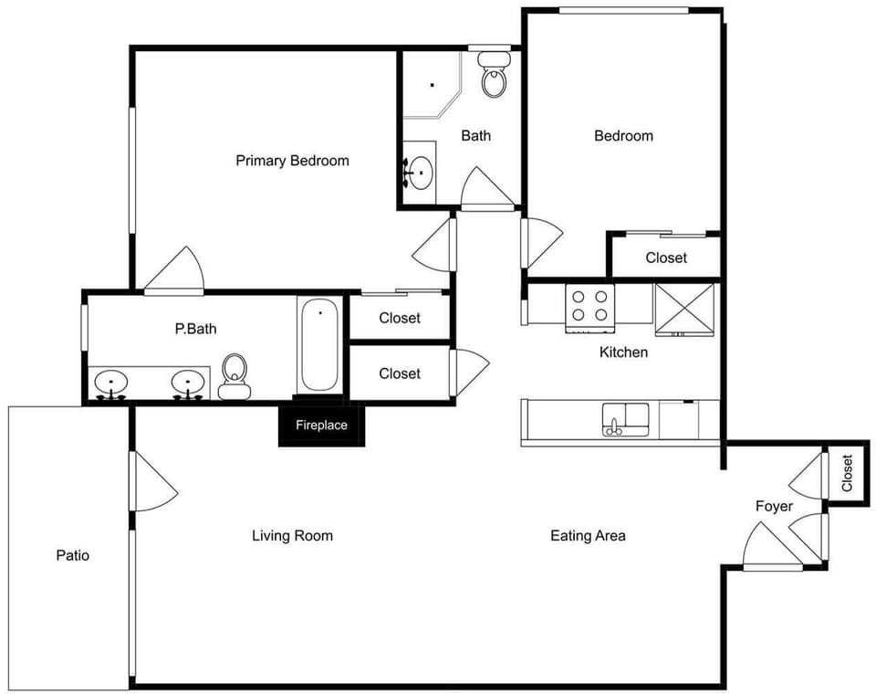 This detailed floor plan shows your spacious rental layout with two bedrooms, full kitchen, and cozy fireplace.