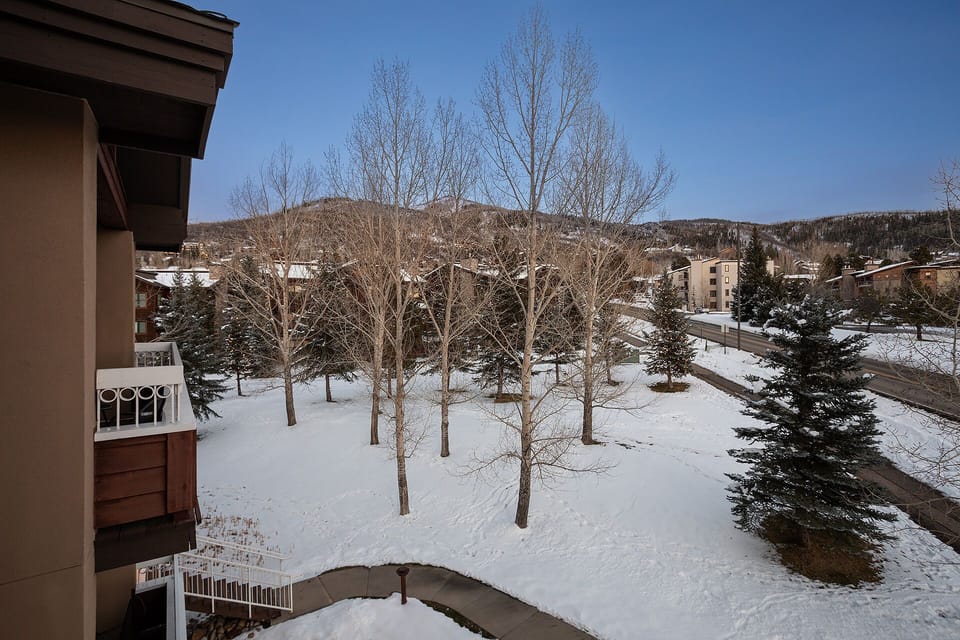 Mountain town winter landscape with snow-covered grounds and distant peaks, showcasing the peaceful seasonal setting surrounding the property.