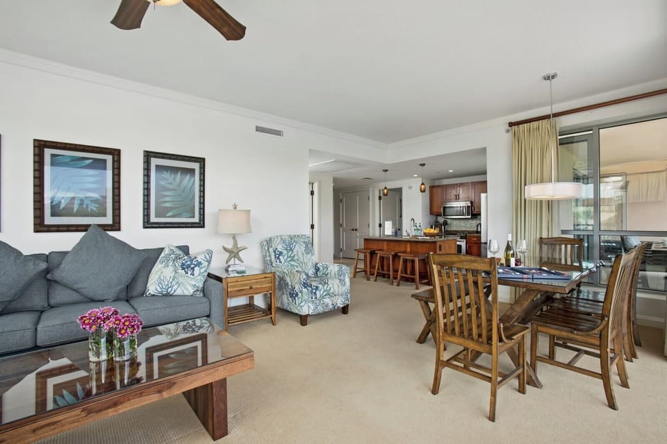 Open-concept island retreat with cozy living, dining, and gourmet kitchen