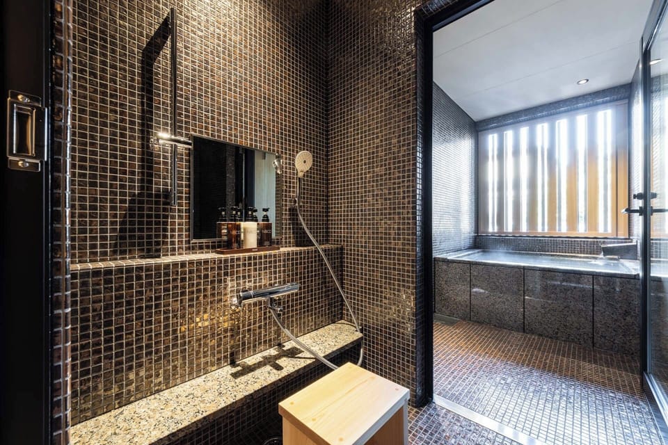 Superior Double Room with Semi-Open-Air Bath | Bathroom | Separate tub and shower, free toiletries, hair dryer, bathrobes