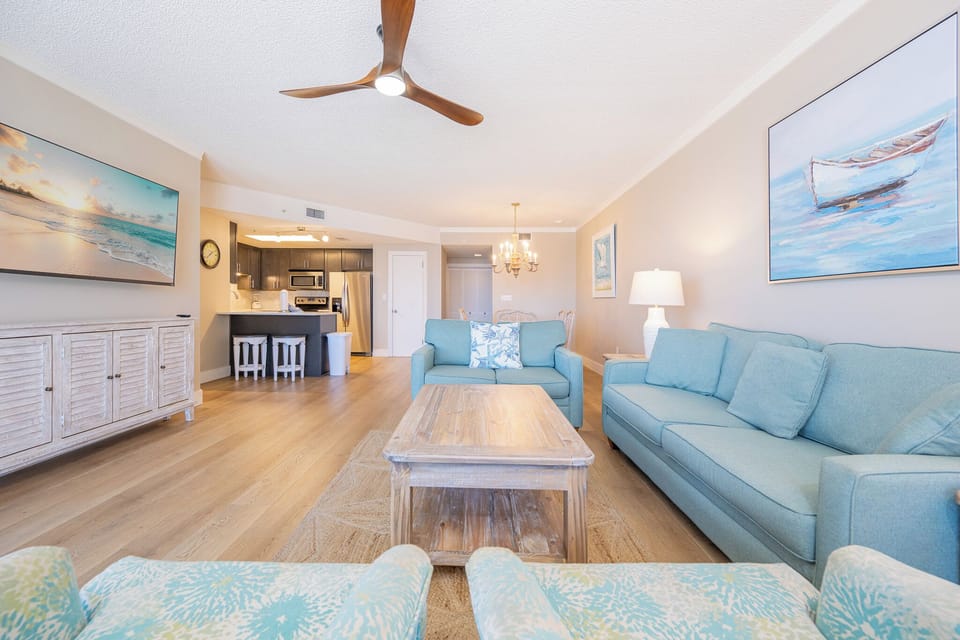 Soft coastal sounds reach your ears as you relax on the sofa queen in the living room with a cool breeze