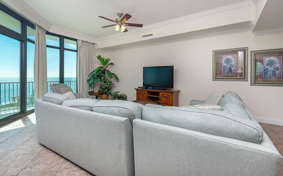 Unwind in the plush sectional with a queen sleeper, enjoying cozy movie nights with loved ones