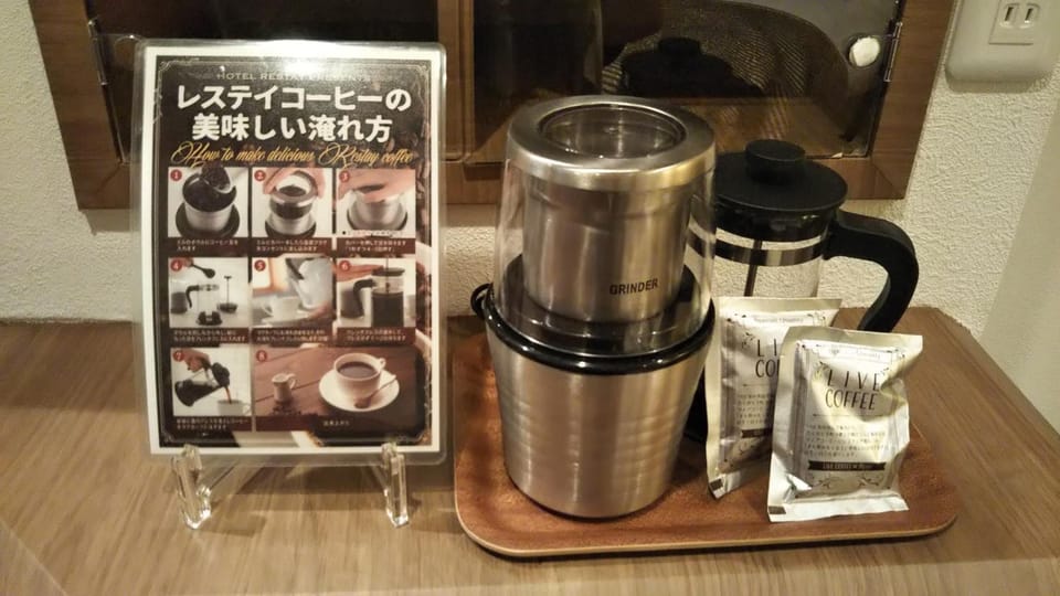 Fridge, microwave, coffee/tea maker, electric kettle
