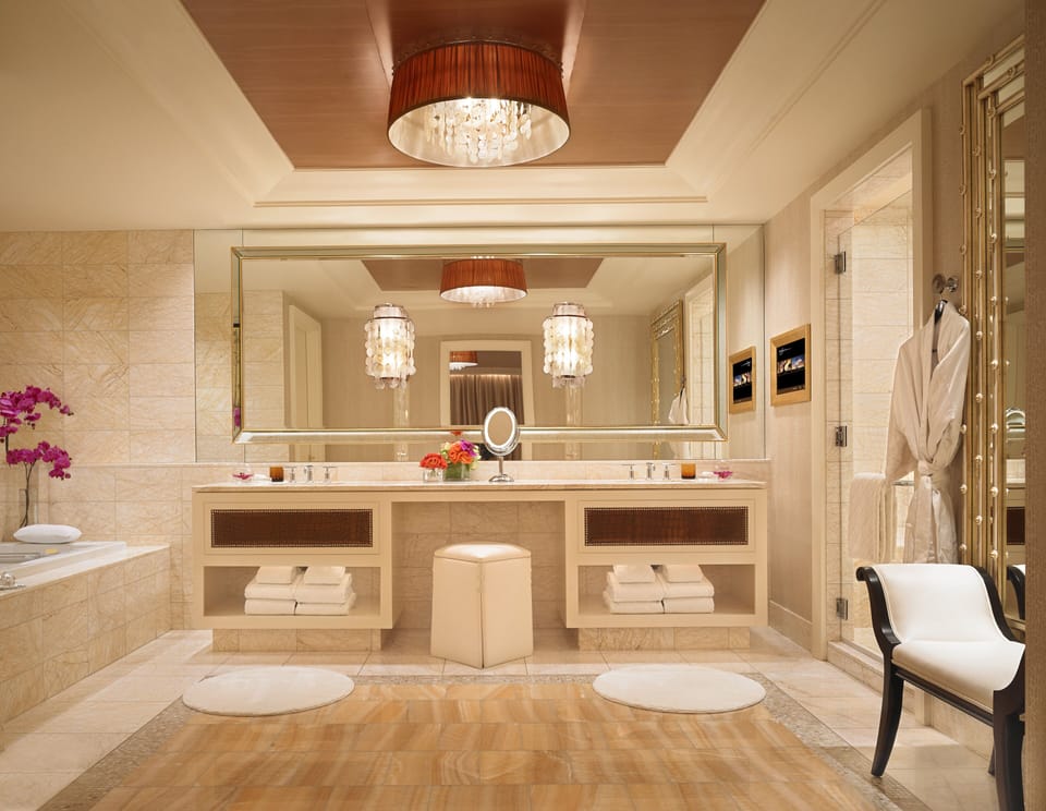 Separate tub and shower, free toiletries, hair dryer, bathrobes