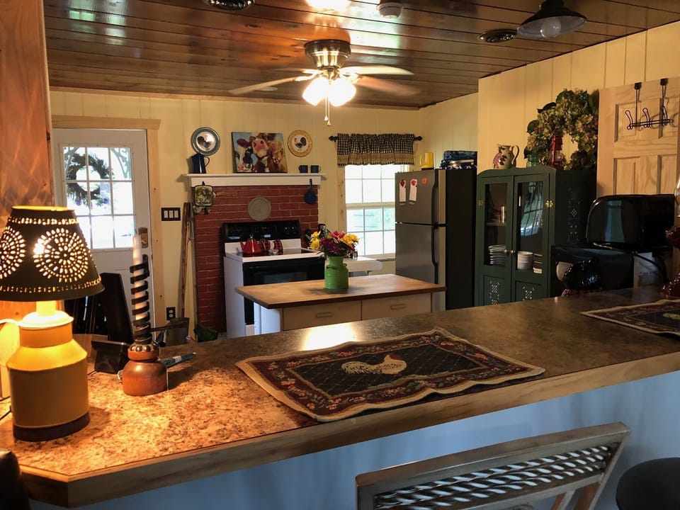 Looking into the kitchen from the open bar area