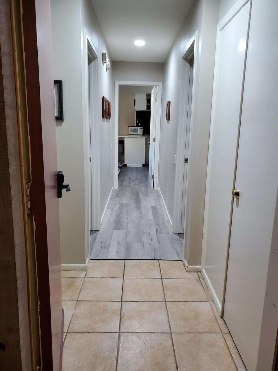View from opening the door, looking down hall to kitchen/living room area