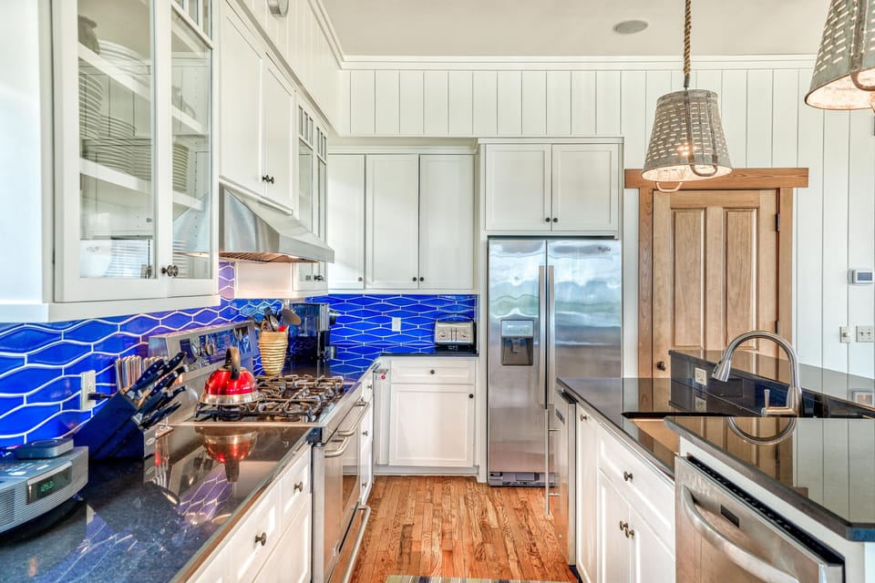 Gas range, under counter ice maker and beverage center