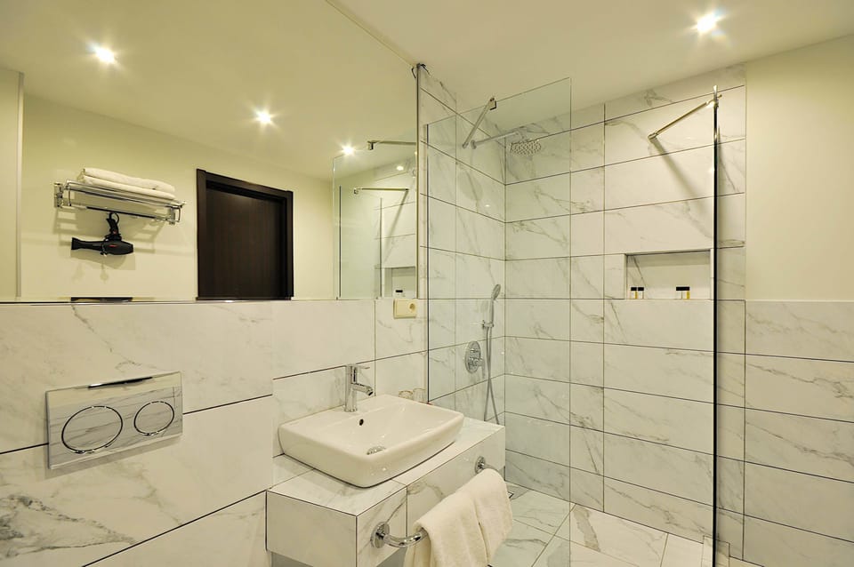 Shower, free toiletries, hair dryer, slippers