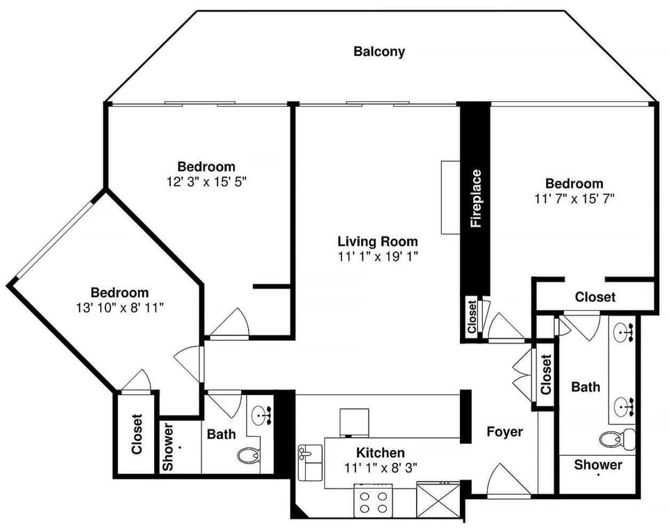 Detailed floor plan showing the layout of your three-bedroom vacation rental with spacious living areas and balcony.