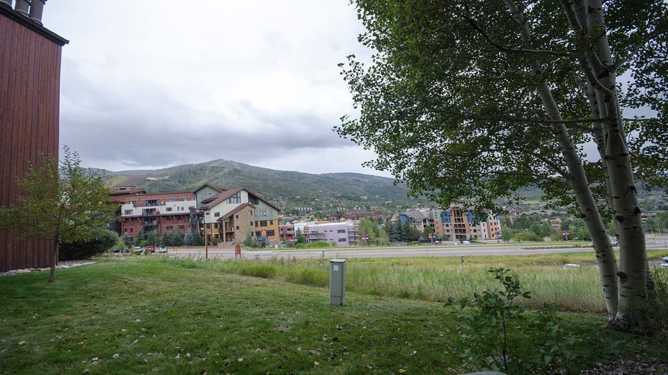 A peaceful mountain town setting with residential buildings nestled against forested hillsides and open green spaces nearby.