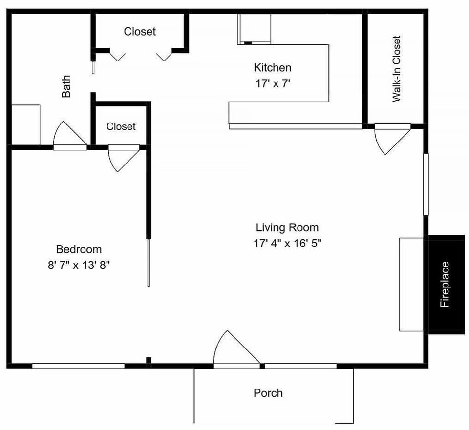 Floor plan shows your cozy retreat with bedroom, full kitchen, living room, and fireplace for comfortable mountain stays.