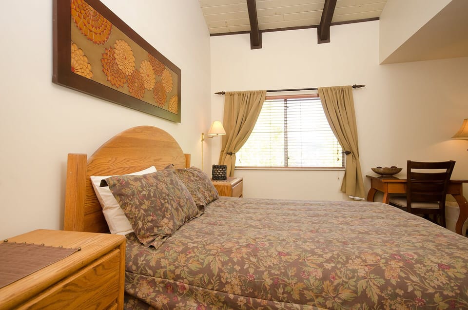 Your cozy retreat features a plush queen bed, vaulted ceilings with elegant wooden beams, warm décor, and a charming workspace—perfect for unwinding after a day of adventure.
