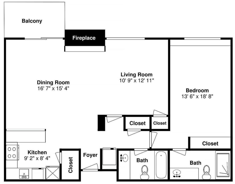 This detailed floor plan shows your spacious unit with a fireplace, full kitchen, and two full bathrooms for ultimate comfort.