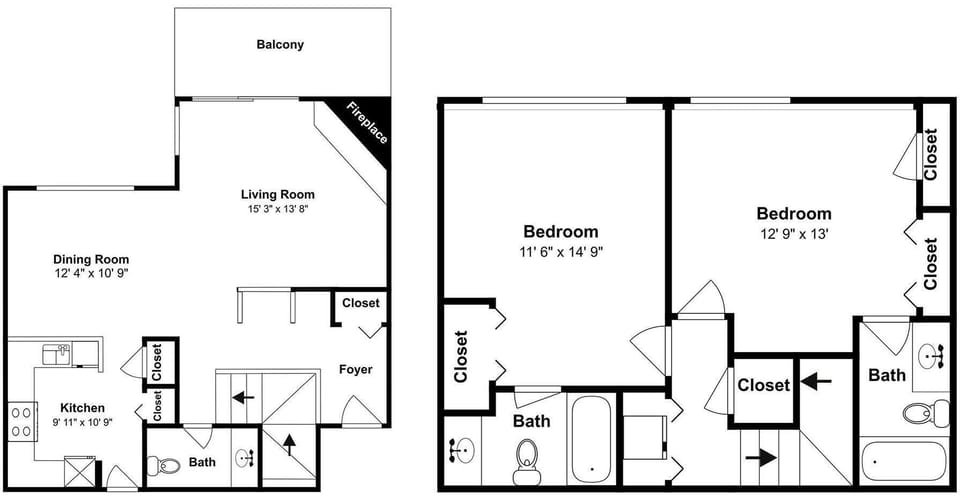 This floor plan shows your spacious vacation rental layout with three bedrooms, two bathrooms, and an open living area with fireplace.