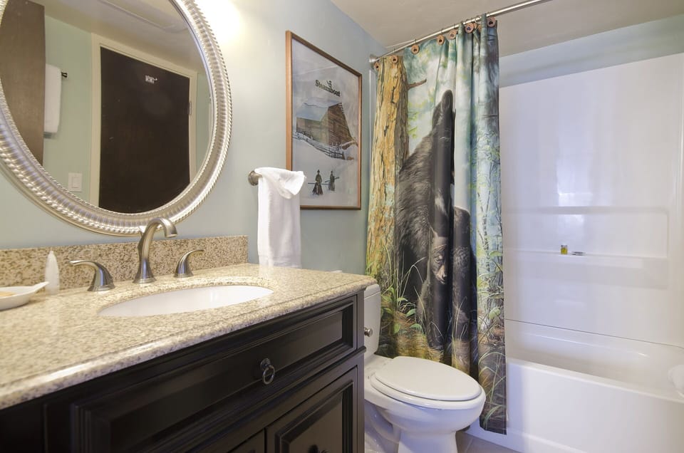 Refresh after a day of adventure in your private bathroom, complete with a clean tub and shower combo, granite vanity, and charming wildlife-themed decor.