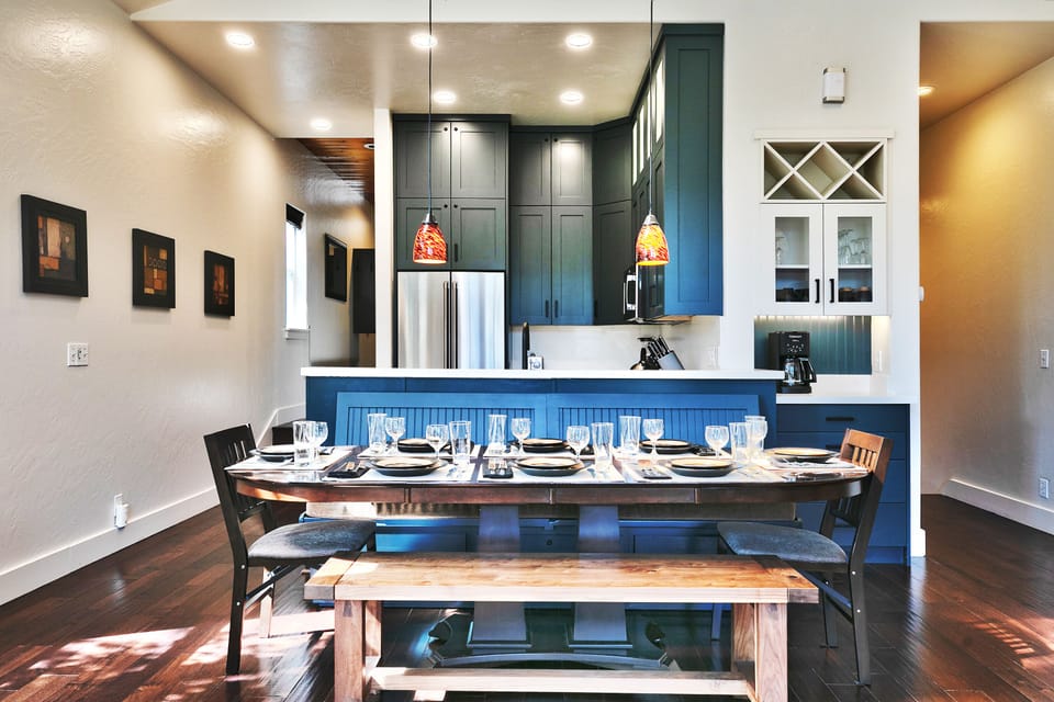 Dining room table with seating for 8 with built-in dining bench and solid wood dining bench