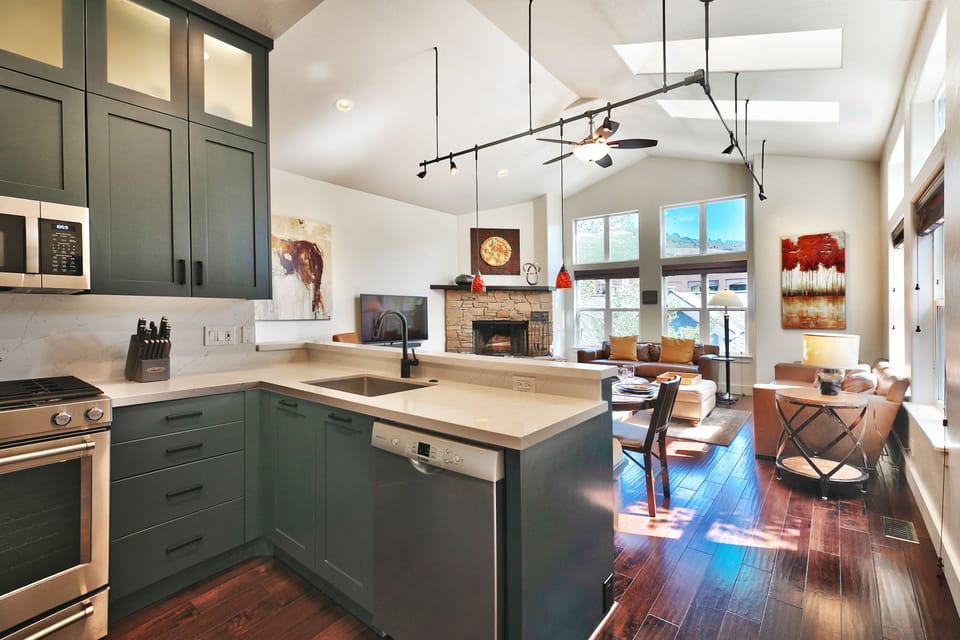 Kitchen opens up beautifully to the dining and living area