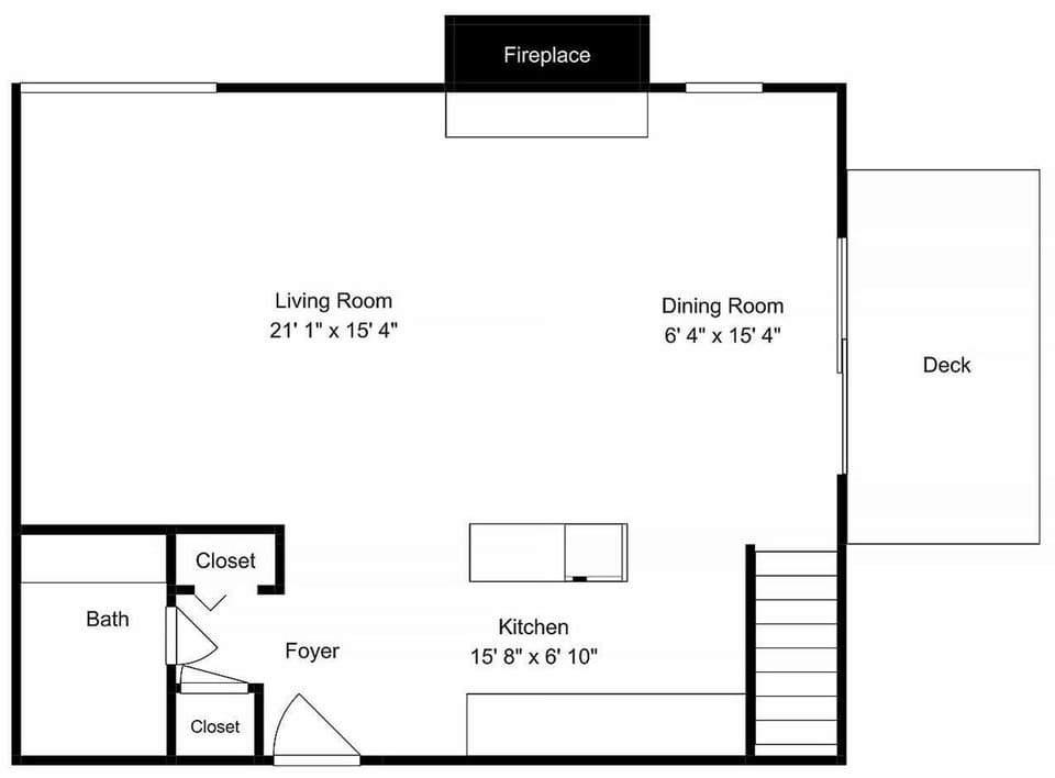 Floor plan showing your main level with open living and dining areas, full kitchen, fireplace, and private deck.