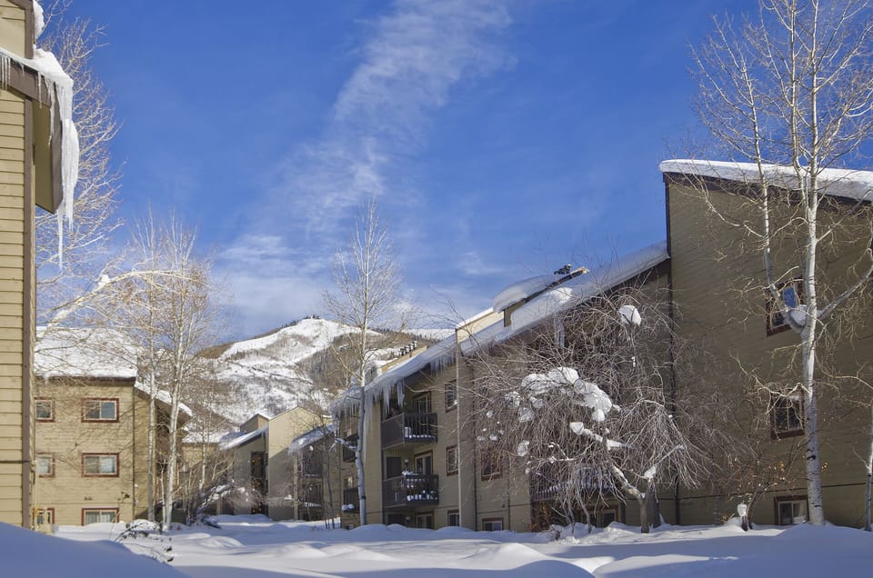 Snow-covered residential buildings nestled in a mountain valley create a picturesque winter setting.