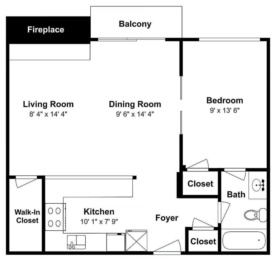 This detailed floor plan shows your cozy one-bedroom layout with a fireplace, full kitchen, and private balcony.