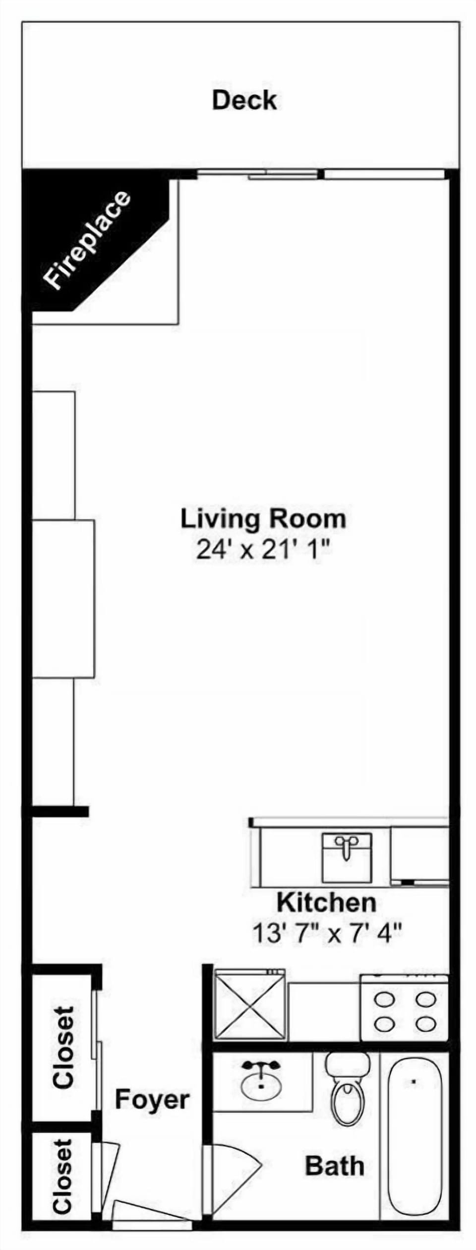 Property floor plan showing layout with spacious living room, full kitchen, bathroom, and outdoor deck for your mountain getaway.