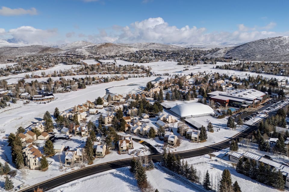 An arial view of Park City and Racquet Club 60 in winter.