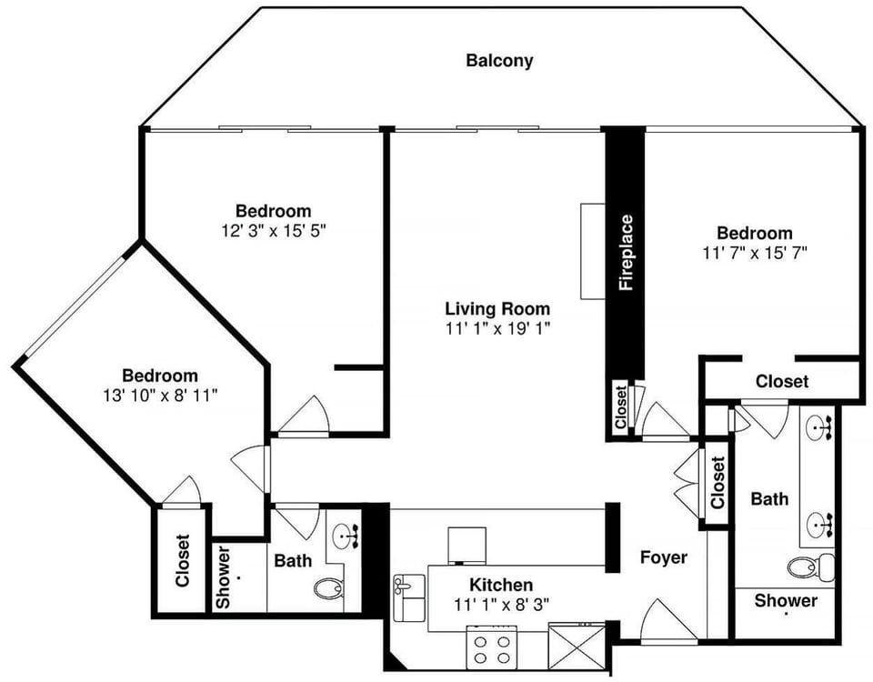 Detailed floor plan showing spacious three-bedroom layout with living room, kitchen, and dual bathrooms for comfortable group stays.