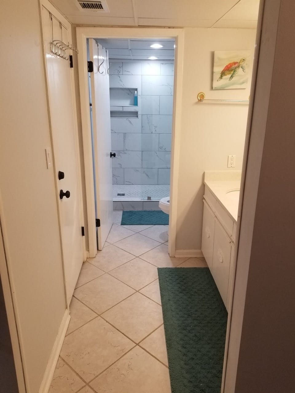 Entrance to Walkin Shower with Double Vanity with Quartz Counter Top