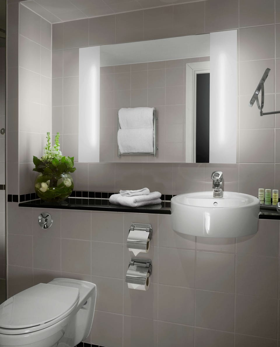 Combined shower/tub, eco-friendly toiletries, hair dryer