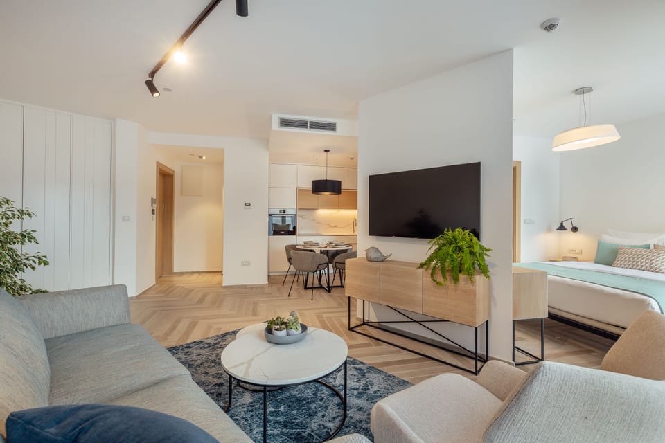 Studio Apartment Street View - Residential Building | Living area | 55-inch Smart TV with satellite channels, TV