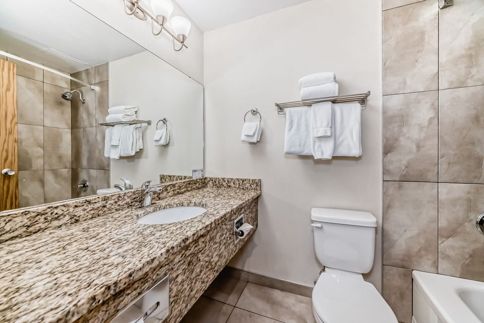 Room, 1 King Bed, Refrigerator & Microwave | Bathroom | Combined shower/tub, free toiletries, hair dryer, towels