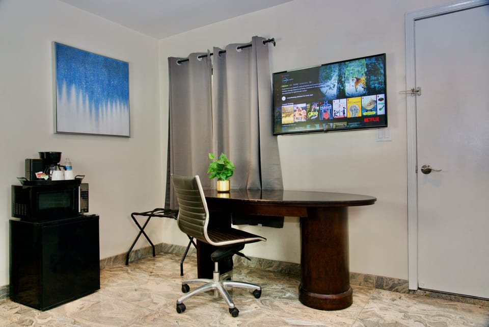 Individually decorated, individually furnished, desk, laptop workspace