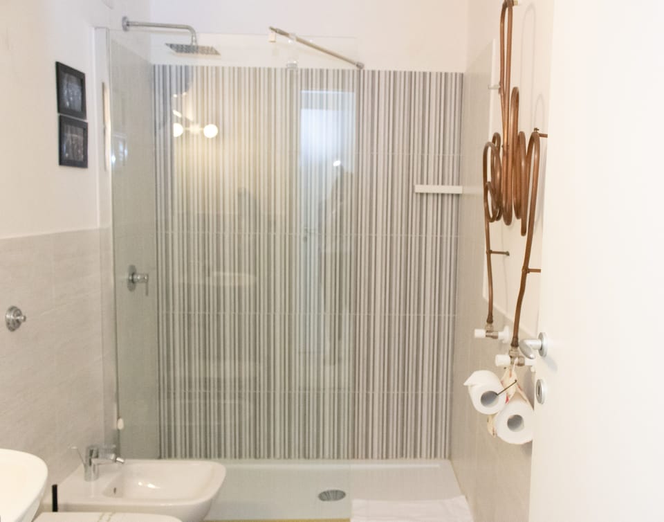 Shower, rainfall showerhead, free toiletries, hair dryer