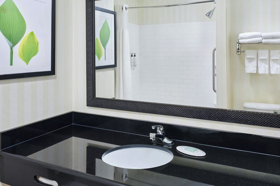 Combined shower/tub, free toiletries, hair dryer, towels