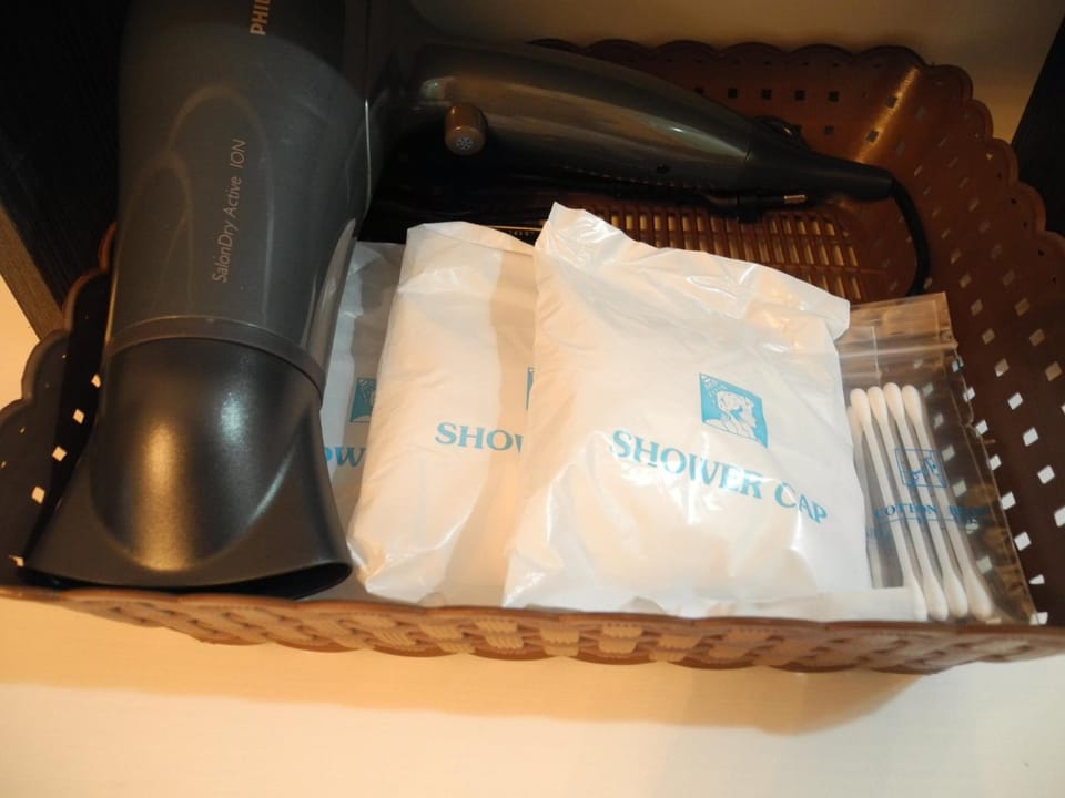 Shower, free toiletries, hair dryer, towels