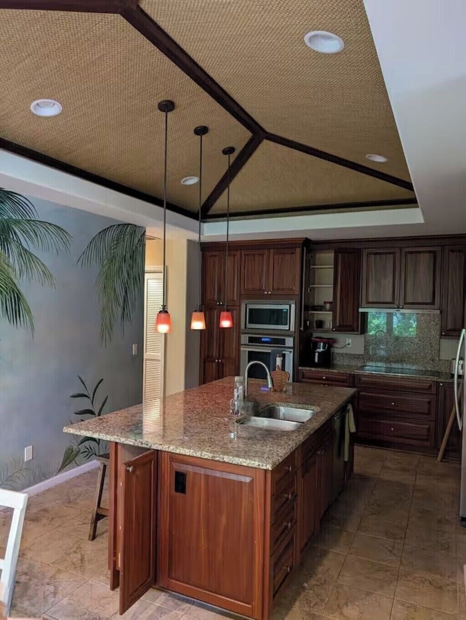 Kitchen, electric stove top, Bosch dishwasher, microwave, stove, grass ceiling